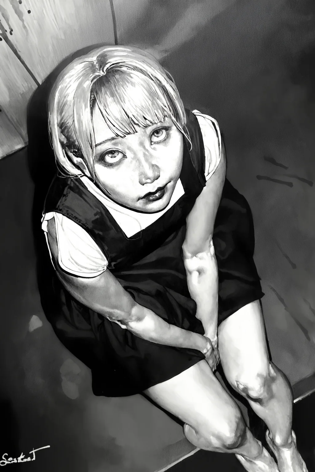 score_9, score_8_up, score_7_up, alice in wonderland, blue eyes,  blonde hair,, solo, solo focus, cowboy shot, simple background, solo, sitting, from above, barefoot, looking up,arms between legs,, <lora:satou_t:1.5>, satou t, realistic,gouache \(medium\),monochrome,asian,greyscaleâââ