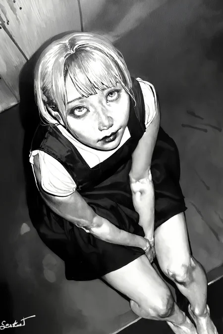 score_9, score_8_up, score_7_up, alice in wonderland, blue eyes,  blonde hair,, solo, solo focus, cowboy shot, simple background, solo, sitting, from above, barefoot, looking up,arms between legs,, <lora:satou_t:1.5>, satou t, realistic,gouache \(medium\),monochrome,asian,greyscaleâââ
