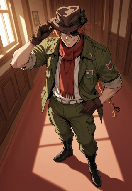 masterpiece, best quality, amazing quality, very aesthetic, absurdres, PipBernadotte, 1boy, solo, male focus, orange hair, braided ponytail, yellow hair ribbon, dark skin, green eyes, black eyepatch, bandaid on nose, brown hat, green jacket, badge, open jacket, sleeves rolled up, white shirt, red scarf, brown gloves, white belt, green pants, black boots, full body, standing, grin, looking at viewer, adjusting hat, indoors, manor, day, perspective