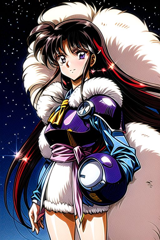 best quality 1girl Setsun4 solo long hair,  (night time) forest background black hair very long hair purple eyes multicolored hair armor, small, (fur trim) (medium body),<lora:EMS-179-EMS:0.800000>,<lora:EMS-293862-EMS:0.800000> bow, hair_bow, hair_tubes, red_bow, brown_hair, long_hair, bangs, ascot, frilled_bow, yellow_ascot, blush, smile, hair_between_eyes, athletic, armor, miko, strengthmda,  Smiling, happy, helmet