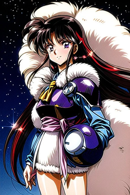 best quality 1girl Setsun4 solo long hair, (night time) forest background black hair very long hair purple eyes multicolored hair armor, small, (fur trim) (medium body),<lora:EMS-179-EMS:0.800000>,<lora:EMS-293862-EMS:0.800000> bow, hair_bow, hair_tubes, red_bow, brown_hair, long_hair, bangs, ascot, frilled_bow, yellow_ascot, blush, smile, hair_between_eyes, athletic, armor, miko, strengthmda, Smiling, happy, helmet