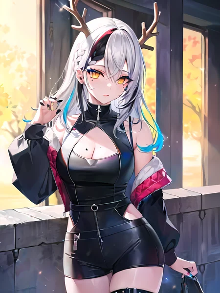 modelshoot style, (masterpiece:1.3), (absurdres:1.3), (best quality:1.3), (8K), (large masterpiece digital art), (detailed manga illustration), (handled hair), perfect anatomy, (sharp eyeliner, eyeshadow, detailed eyes:1.1), (intricate details:1.3), (ultra-detailed:1.3), (illustration:1.3), (sharp focus:1.3), (natural lighting:1.05), (vivid colors:1.3), BREAK <lora:ceresFaunaHololive_v1:0.3>, ceres fauna, (grey hair, white hair, multicolored hair), (black hair, streaked hair),  long hair, gradient hair, gradient eyes, braid, braided bangs, single braid, antlers, yellow eyes, glowing eyes, black nail polish, mole, black nails, hair flower, mole under eye, toenails, hair ornament, large breasts, cleavage, grey flower, <lora:urbanGal_v10:0.7>, urban_gal, tank top, leather jacket,
