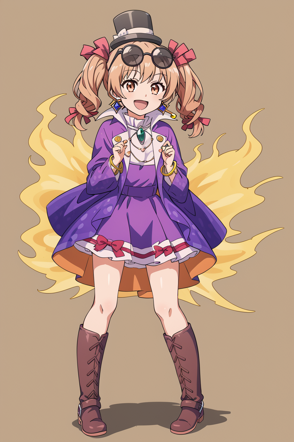 <lora:yorigami_joon:1>,1girl,yorigami jo'on,top hat, eyewear on head, boots,purple dress,standing,yorigami joon, boots,full body,open mouth, smile,