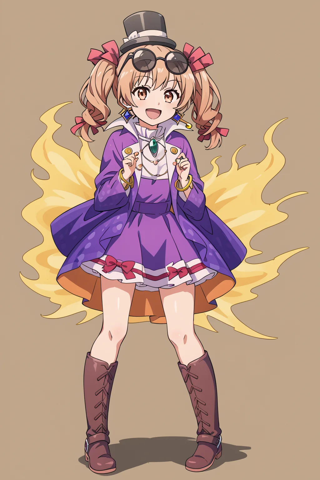 <lora:yorigami_joon:1>,1girl,yorigami jo'on,top hat, eyewear on head, boots,purple dress,standing,yorigami joon, boots,full body,open mouth, smile,