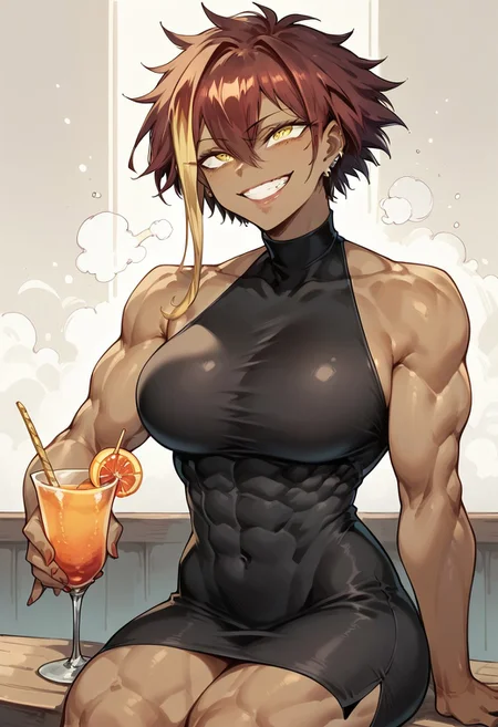 score_9, score_8_up, score_7_up, Expressiveh, 1girl, marle barrock, yellow eyes, ringed eyes, muscular female, dark-skinned female, toned female, wide grin, cocktail_dress,