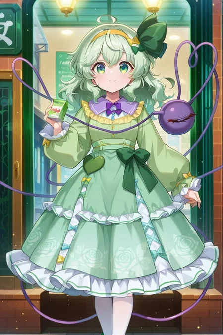 absurdres, highres, masterpiece, best quality, amazing quality, official anime artwork, screencap, anime screencap, outdoors, looking at viewer, light smile, dynamic pose,
<lora:Komeiji-Koishi_IllustriousV2:1>  komeiji koishi, 1girl, solo, green eyes, green hair, medium hair, third eye, heart of string,, komeiji koishi, 1girl, solo, green eyes, green hair, long hair, third eye, heart of string,, komeiji koishi \(midday wanderer\), alternate costume, yellow hairband, green bow, yellow bow, multiple hair bows, purple bowtie, green dress, long dress, green shirt, frilled sleeves, long sleeves, green sleeves, frilled skirt, green skirt, kneehighs, green shoes, holding juice box, drinking straw,