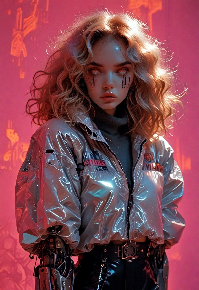 score_7_up, (score_9:1.1), (ugly:0.9),(pretty:1.4),1woman, adult, realistic, realism, hyper realistic, sparkling hair, floaty hair, wavy hair, (soft light coloured hair:1.3), (red iris, glowing iris, neon white pupils:1.3), looking at viewer, big hair, huge afro, zero gravity hair, detailed, perfect, perfection, hands, big scar across face,
BREAK,
((extra_puffy_jacket, black skirt, glossy lips, shiny skin)), full lips, hands behind back, (upper body:1.9),  blocky shape cybernetics, cybernetics, cybernetic skin, raised eyebrow, pale skin, ((snub nose:1.4)), breasts, (prominent abs:1.1), focus upper body,  sweating, 
BREAK,
(neon background, future slums, neon, cybernetic background, mist:1.3),(cybernetic mechanical arm, prosthesis:1.3),