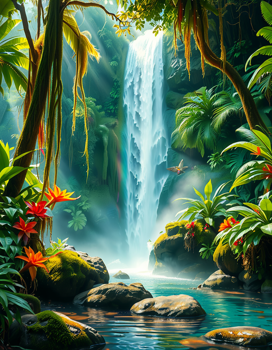 A stunning and tranquil view of a jungle waterfall cascading down smooth, moss-covered rocks into a crystal-clear pool below. The scene is surrounded by dense, lush greenery, with towering tropical trees and vibrant, oversized ferns creating a natural canopy that filters sunlight into dappled patterns on the forest floor. Brightly colored flowers in shades of red, orange, and purple add splashes of color among the greenery, while vines and roots wind their way around the rocks and trees. Mist rises from the base of the waterfall, catching the sunlight and creating a soft, ethereal glow, with a faint rainbow visible in the spray. Exotic birds with iridescent feathers can be seen perched on branches, and the faint sound of distant animal calls adds to the sense of a thriving, untouched paradise. The overall atmosphere is serene, magical, and vibrant, capturing the untamed beauty of nature.<lora:SDXLFaeTastic2400:0.4> <lora:extremely_detailed:0.4> extremely detailed, <lora:Jungle_w4t3rf4ll:1>,Jungle w4t3rf4ll, Masterpiece,best quality,hi res,8k,hi res,8k,award winning,(sharp focus, intricate, highly detailed),