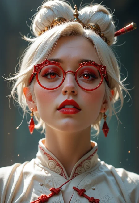 score_9, score_8_up, score_7_up,
1girl, Purah (/The Legend of Zelda)/,(ultra HD quality details), pale skin, white hair, red eyes, short hair, hair bun, red glasses, hair ornament, hair stick, red headband, white shirt, 18 years old, looking up to the side, ready for action, fierce, determined, heavy make up, big red lips, colorful, beautiful face, from below, looking at viewer, expressiveH