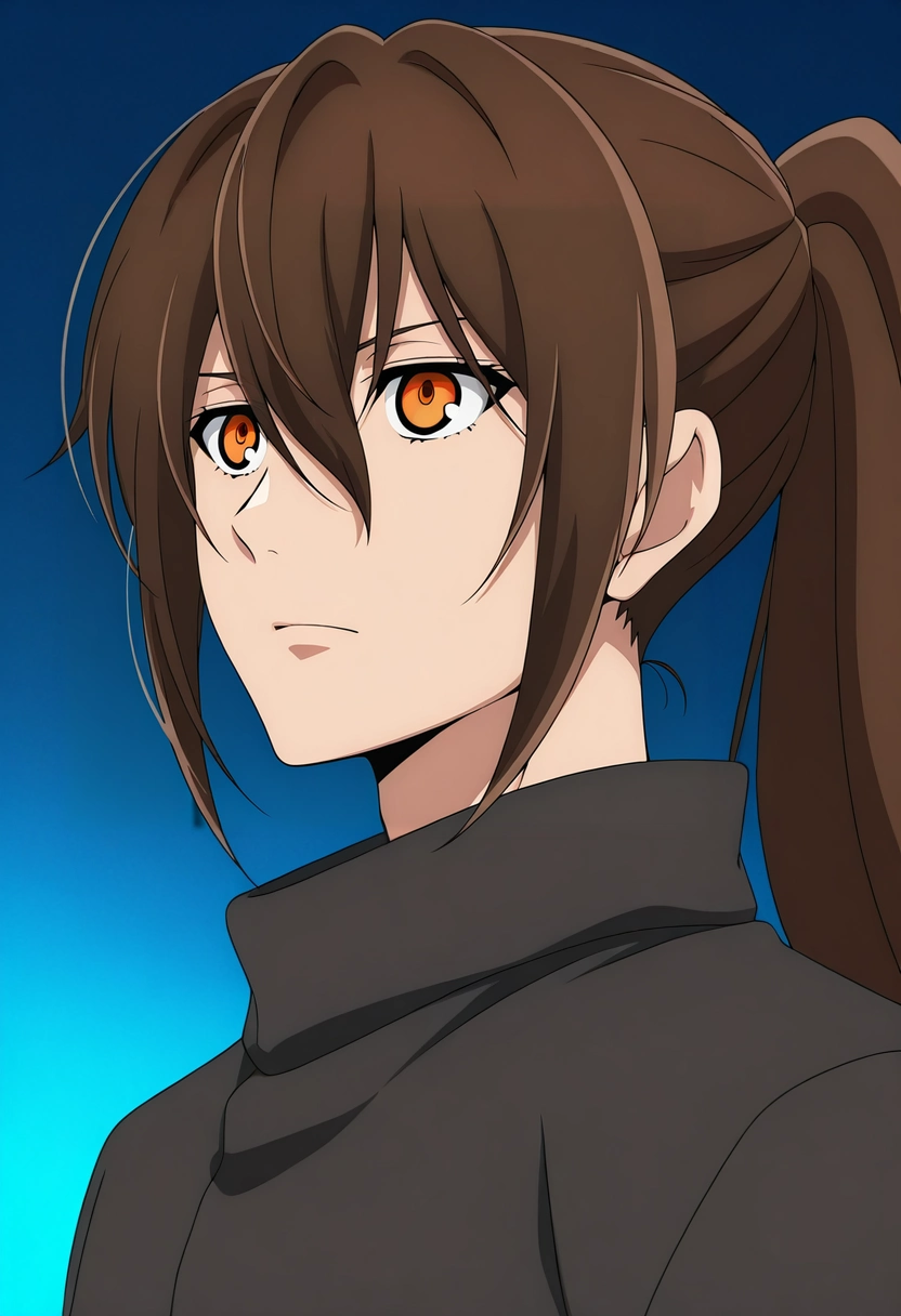 masterpiece, best quality, , anime screencap, anime coloring, official style,, 1boy, solo, male focus, <lora:twenty-fifth_bam_ilxl:0.92>, twenty-fifth_bam, brown hair, orange eyes, long hair, ponytail, bangs, hair between eyes, , ,
