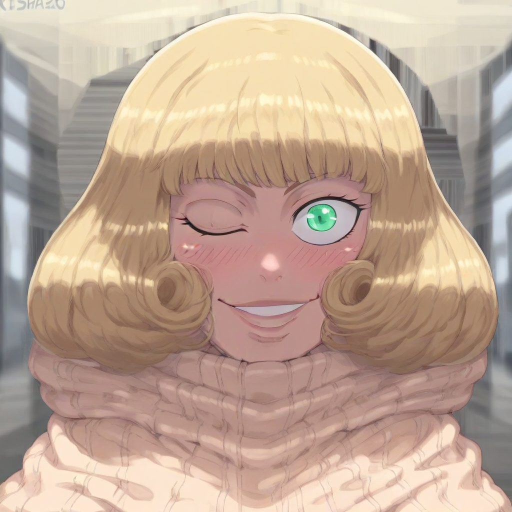female, solo, hana kurusu, green eyes, blonde hair, one eye closed, smile, looking at viewer, blush, shiny skin