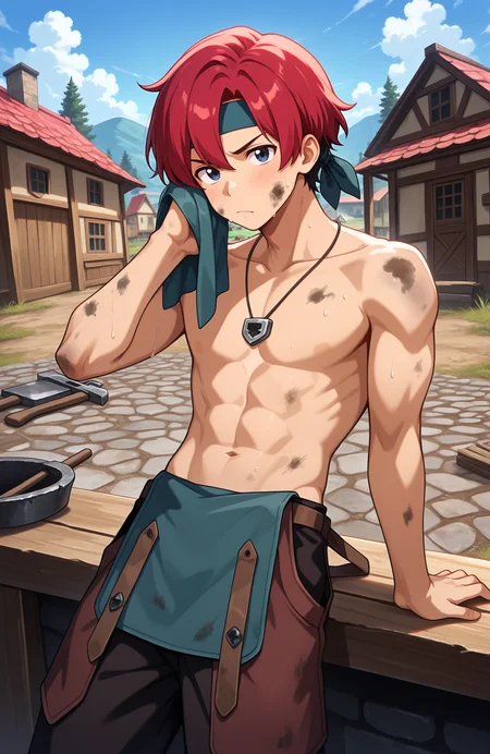 looking at viewer, light blush, (annoyed, head back:0.65), 
leaning on table, arm support, wiping sweat, 
headband, necklace, pants, sweat, 
topless male, toned, biceps, abs, (areolae, no nipples:0.7), (narrow waist:0.6), (skinny:0.25), 
(dirty:2), dirty face, dirty clothes, 
outdoors, blacksmith, village, cobblestone, 
<lora:March_-_Fields_of_Mistria_IXL_-_V4:1> fom_march, red hair, 1boy, male focus, solo,, masterpiece, best quality