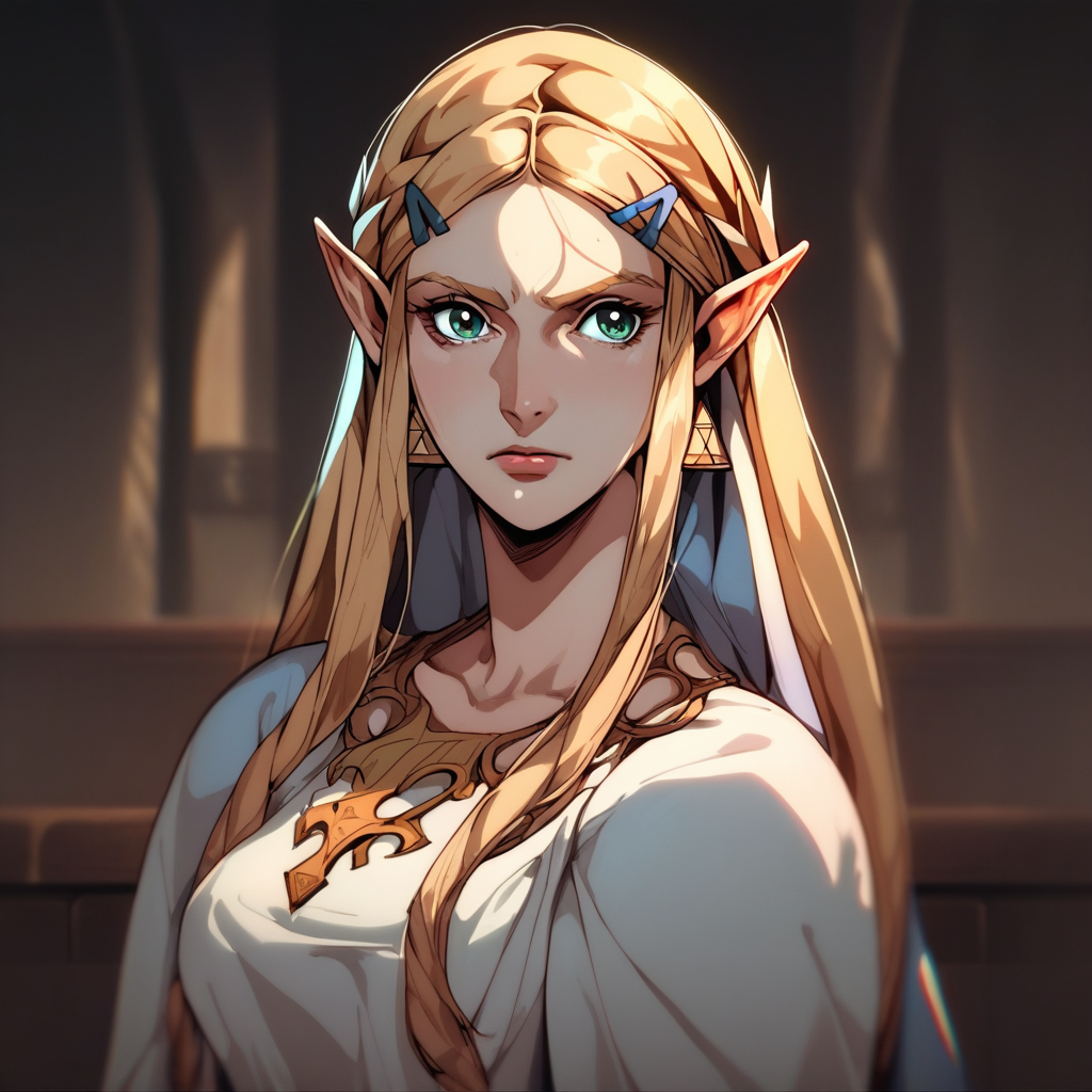 source_anime, C4STL3V4NI4, castlevania_(netflix) ((score_9)),score_8_up,score_7_up,score_6_up,score_5_up,score_4_up, retro_artstyle, anime style, 1woman, Princess Zelda, blonde hair, large breasts, (green eyes), looking at viewer, facing viewer, masterpiece, best quality, highres, best illumination, depth of field,