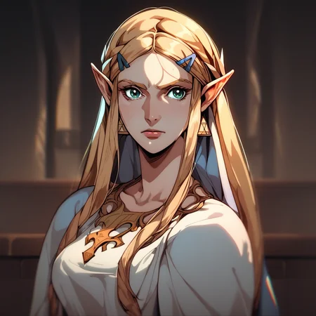 source_anime, C4STL3V4NI4, castlevania_(netflix) ((score_9)),score_8_up,score_7_up,score_6_up,score_5_up,score_4_up, retro_artstyle, anime style, 1woman, Princess Zelda, blonde hair, large breasts, (green eyes), looking at viewer, facing viewer, masterpiece, best quality, highres, best illumination, depth of field,