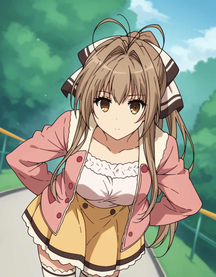 score_9, score_8_up, score_7_up, source_anime,
isuzusento, <lora:isuzu-sento-s1-ponyxl-lora-nochekaiser:1>,
isuzu sento, long hair, brown hair, bow, brown eyes, ponytail, hair intakes, antenna hair,
skirt, thighhighs, white thighhighs, zettai ryouiki, jacket, pink jacket, long sleeves, collarbone, yellow skirt, frills,
outdoors, amusement park, bent over,
looking at viewer, cowboy shot, dutch angle, solo,
