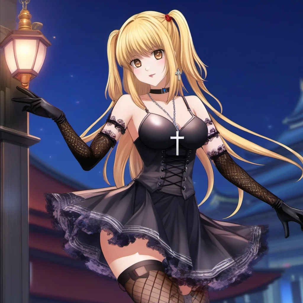 anime artwork Misa1024, a full body blond woman dressed in black laces, gloves, stocking, cross necklace, in japan <lora:Misa1024:0.8> . anime style, key visual, vibrant, studio anime, highly detailed