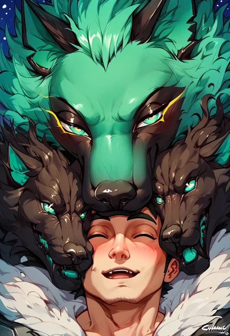 animalclose-up, 1boy and cerberus (fortnite), star \(sky\),<lora:Pet_Photobombing__Aro:0.7>, <lora:Cerberus_Fortnite_Pony:1.2>,, score_9, score_8_up, score_7_up, score_6_up, score_5_up, score_4_up