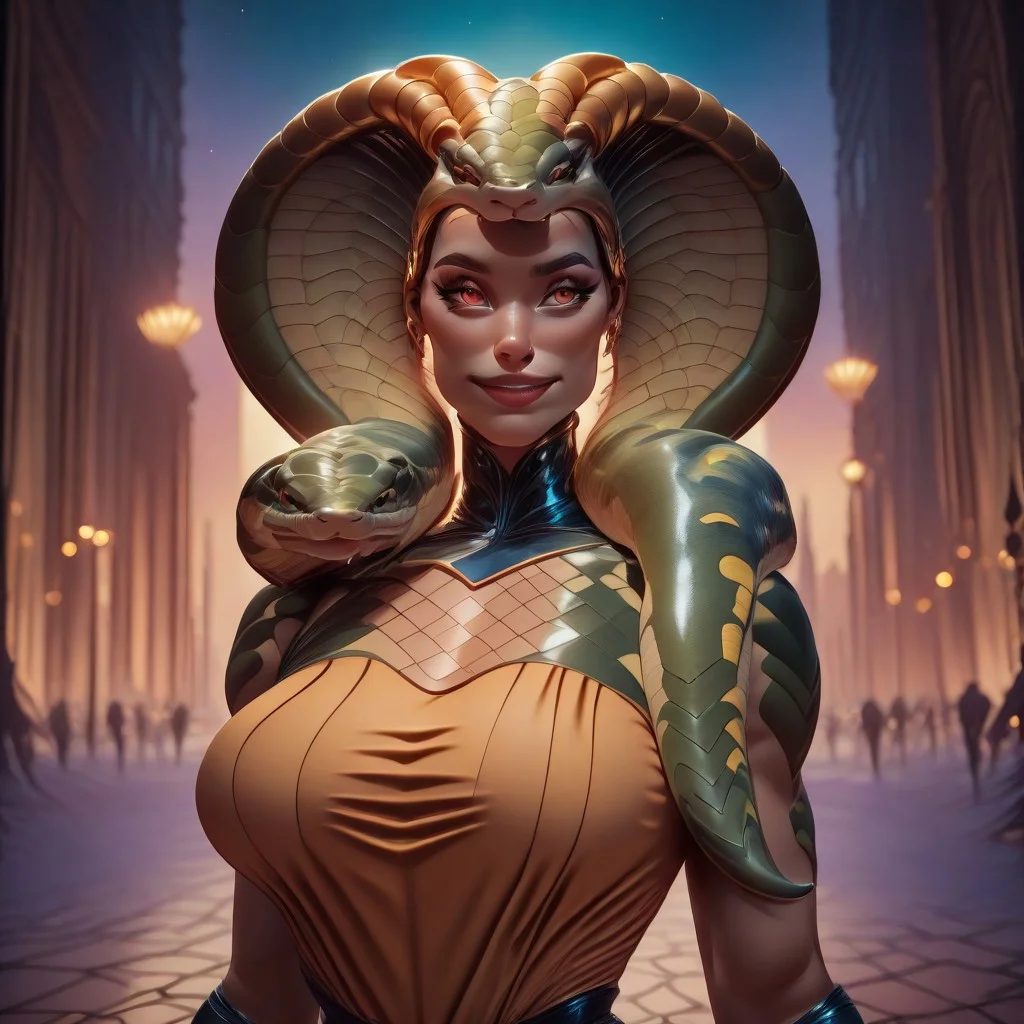 A towering, muscular snake-humanoid with a sleek, scaled body and a long, sinuous tail stands confidently, its head adorned with a smirking, humanoid expression. The creature's broad shoulders are draped with a casually lounging human, who looks completely at ease, one arm dangling lazily and the other holding a snack. The snake-humanoid's pose is nonchalant, one hand on its hip. The human wears casual clothes and a mischievous grin, seemingly enjoying the ride. The background is a bustling cityscape blending modern and fantasy elements, with passersby doing double-takes at the absurd sight. The scene captures a playful, role-reversed dynamic, blending whimsy with surreal humor, in a bright, lighthearted style. sn4k3, snake, snake on shoulders, upper body, darkn3ssill, comic, bokeh, luminescent background, Masterpiece, best quality, amazing quality, very aesthetic, high resolution, ultra-detailed, absurdres, HDR, cinematic lighting, newest