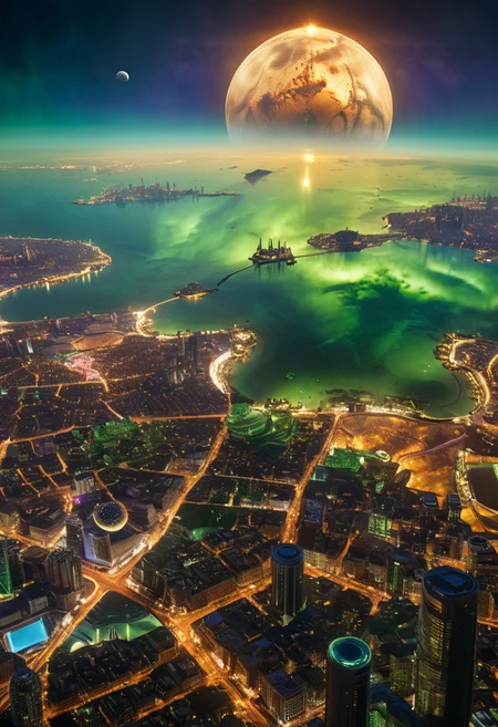 amazing photo taken from the top of a crane on a skyscraper built by an unknown civilization's city on Titan which is Saturn's moon, Saturn is visible in the sky, the alien city is lit with dim lights of browns and greens and blues and purples, unbelievably detailed view of a massive newly-discovered alien city, 
imaginative image, eye-popping depth and clarity, super details, 8k crisp, astonishing vision of what a city on Titan might evolve to look like for the sentient beings that could inhabit such a world in our solar system, 
epic lighting,  
highest quality,