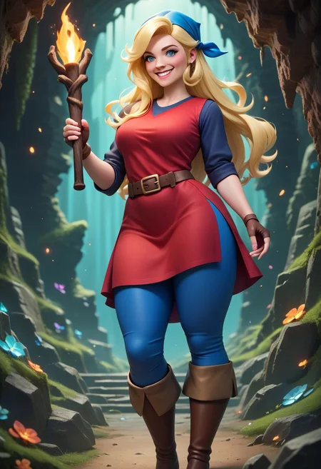 masterpiece, best quality, very aesthetic, absurdres,
score_9, score_8_up, score_7_up,score_6_up, score_5_up, score_4_up , 1girl, cadence, blue eyes, blonde hair, long hair,
thick thighs, blue bandana, red tunic, fingerless gloves, brown boots, belt, blue pants,
standing,
smile, holding torch, cave background <lora:CadenceIllustriousXL_byKonan:1>