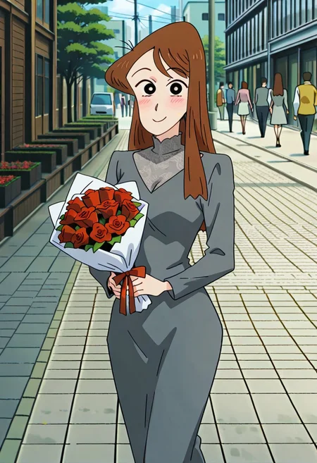 best quality, masterpiece, anime screencap, anime coloring, ultra detailed, source_anime, intricate details, perfect anatomy, looking at viewer,
nakamura, long hair, brown hair, black eyes, breasts,
flower, holding, grey dress, bouquet, dress, red flower, breasts, long sleeves, outdoors, holding bouquet, walking,
smile, blush,