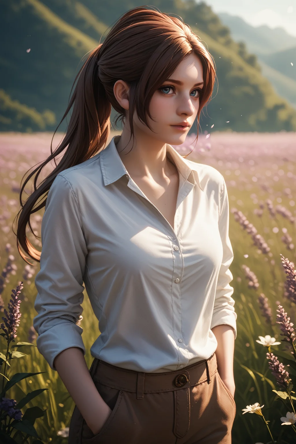 score_9, score_8_up, score_7_up,
<lora:RERClaire:0.8>
RERClaire, 1girl, blue eyes, long hair, brown hair, ponytail, looking at viewer, standing in a field of lavender, hands in pockets, slight breeze blowing hair, warm golden hour sunlight, serene and peaceful mood