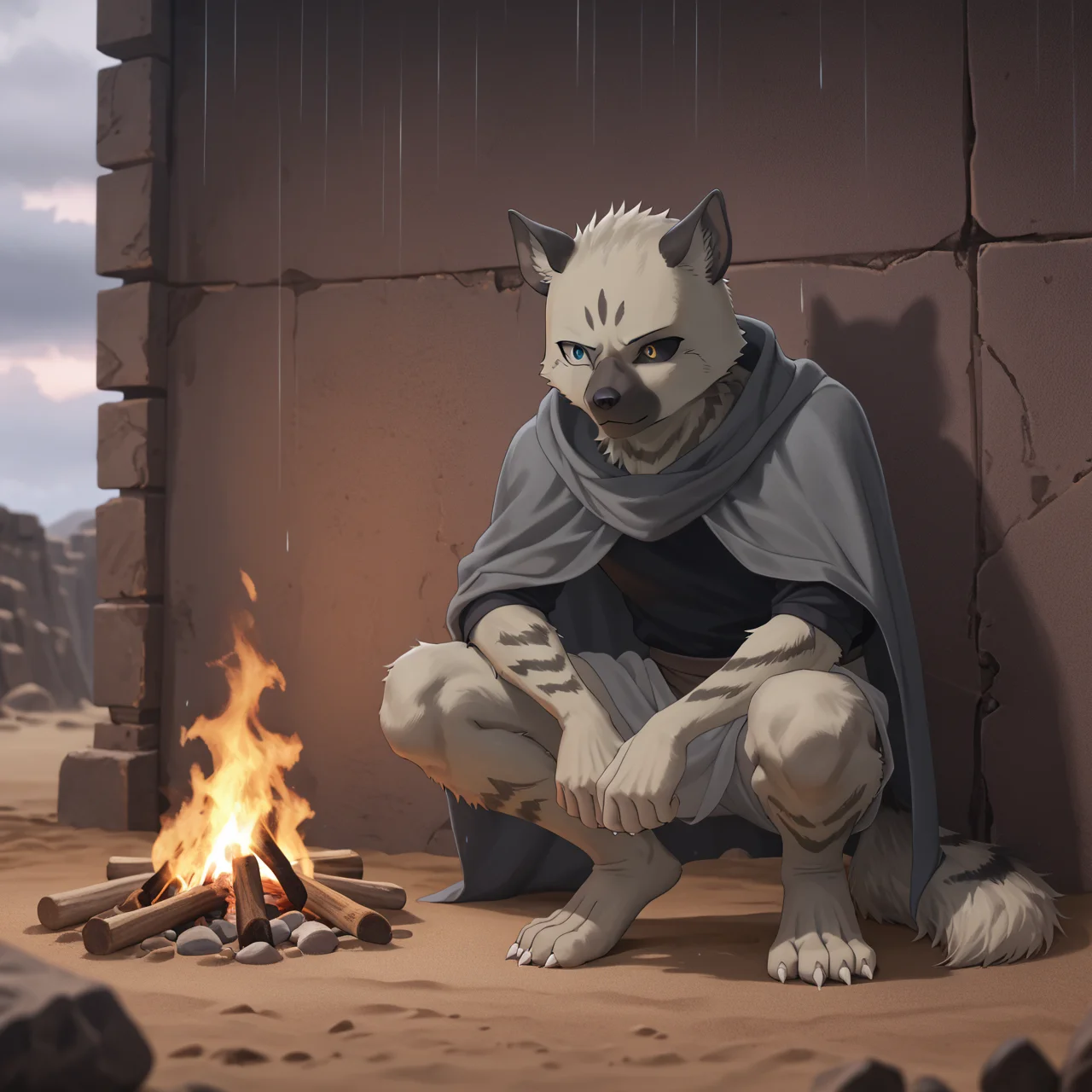 score_9, score_8_up, score_7_up, score_6_up, score_5_up,hi res,dark atmosphere,cloudy sky, 1boy,solo, male, lant3veldt, canid,striped hyena, mammal, furry male, detailed eyes, heterochromia, depth of field, blue-grey eye, white sclera, yellow eye, black sclera, squatting, against a wall under an archway, looking down, downcast eyes, gloomy,somber, grey cloak,black shirt, black bottomwear, fur,tail, masterpiece, absurd res, 4k, detailed background, best quality, amazing quality, outdoors, raining, desert ruins, warming hands, campfire, rain, desert, cinematic lighting, volumetric lighting, clouds, overcast, sand, very aesthetic, absurdres, <lora:lanteveldtXL:0.9>