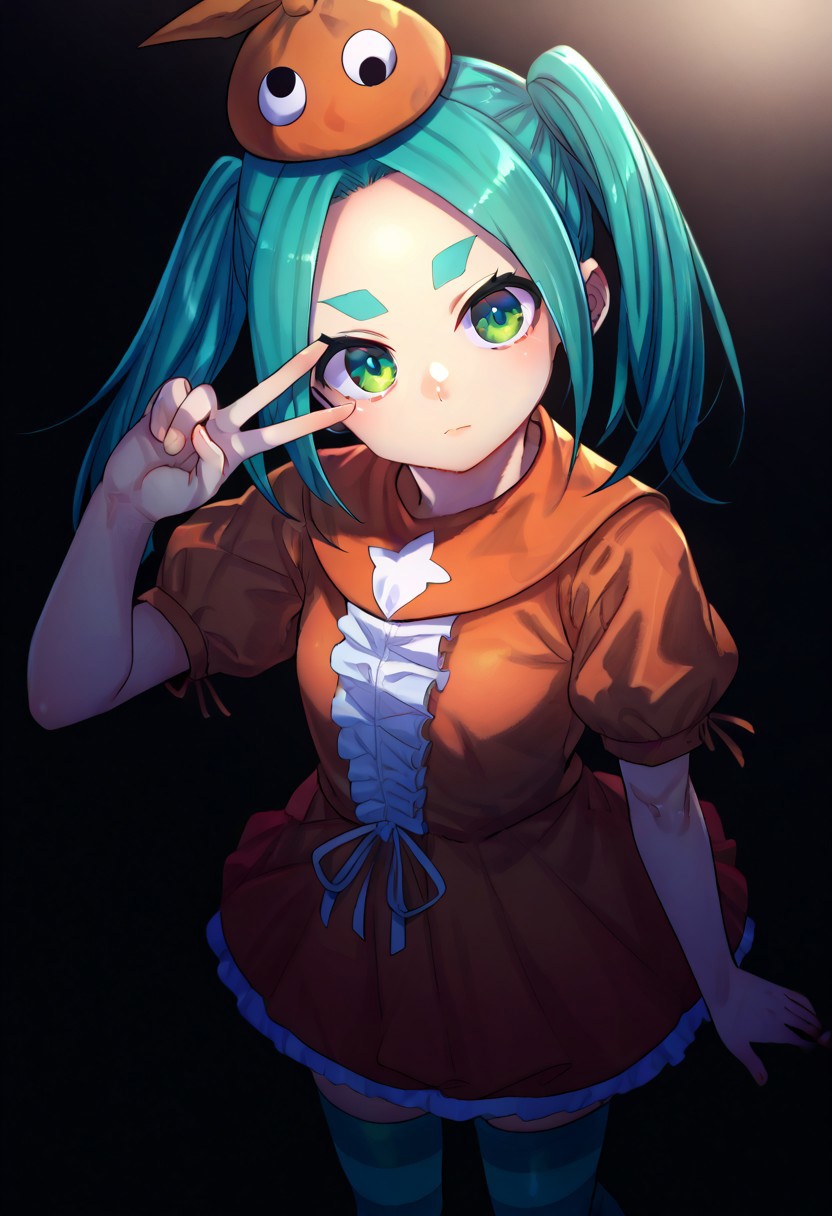 (zPDXL3), 
(zPDXLxxx), 
1girl, 
solo,
ononoki yotsugi, highres, twintails, aqua hair, green eyes, thick eyebrows, orange headwear, orange dress, striped thighhighs, expressionless, 
medium shot, 
from above,
looking at viewer,
hand over eye,
eye between fingers,
v,