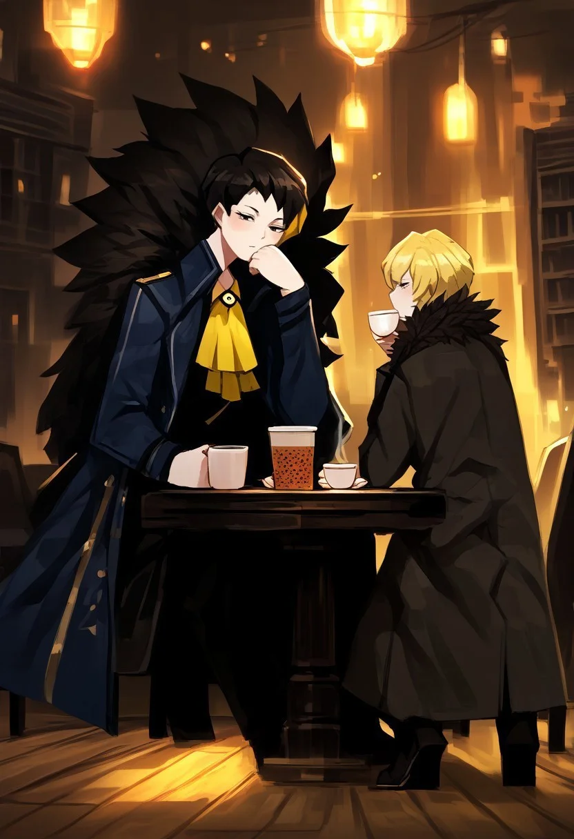 safe_pos, BREAK,
(score_9, score_8_up, score_7_up, score_6_up, score_5_up, score_4_up), colored image,
BREAK,
BinahPM, multicolored hair, black hair, yellow hair, black eyes, short hair, BinahLOR, black dress, yellow ascot, black pants, black footwear, black coat, open coat, fur trim, medium breasts,
BREAK,
solo, 1woman, full body view, detailed, sitting at the table and drinking tea, detailed face