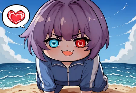 score_9, score_7_up, <lora:StS_PonyXL_Detail_Slider_v1.4_iteration_3:2> pov, ocean, Heart-shaped chocolate,
1girl, solo, purple hair, okappa, hair over eyes, mohawk, long hair, looking at viewer, Tracksuit, leaning forward, sleepy, spoken note, speech bubble, sound effects, motion lines,
<lora:Higurashi_Looper_Eyes_v1.1:1> looper eyes, (red eyes:0.9), blue eyes, heterochromia, glowing eyes, symbol-shaped pupils, eye reflection,
<lora:Doro_X_PDXL_V1:1> doro, creature, chibi, no humans, four legs, all fours, smug, skin fang, open mouth,