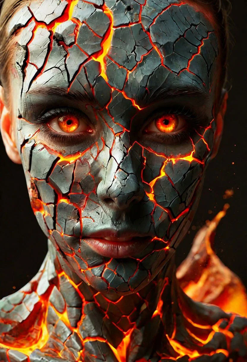 a close up of a person's face on a cracked surface, inspired by Alberto Seveso, featured on zbrush central, portrait of an android, fractal human silhouette, realistic 3 d render, subject made of cracked skin, woman, made of lava