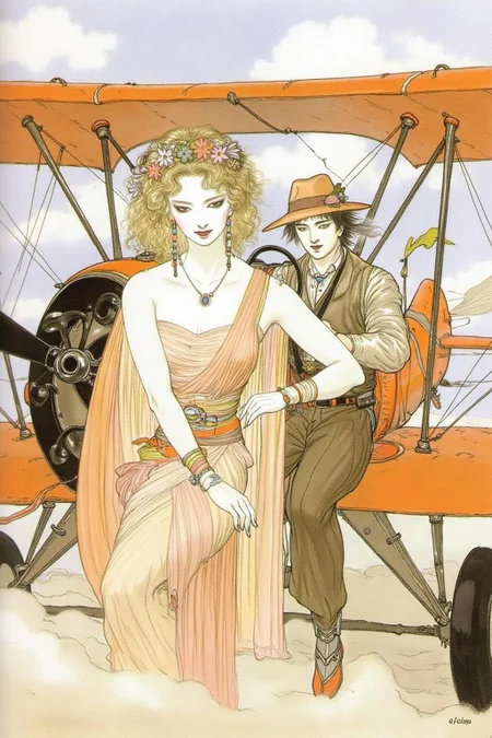 amayo illustration.
A romantic scene of a couple on a vintage biplane. The woman, in the foreground, is a stylish woman with curly blonde hair adorned with a flower garland and wearing a light, flowing, peach-colored dress with a wide belt, a matching hat, and gloves. The man is piloting the biplane with his hands firmly on the steering wheel. <lora:amayo1_cap_d6a3e11:1.0><lora:827338438115272600:0>