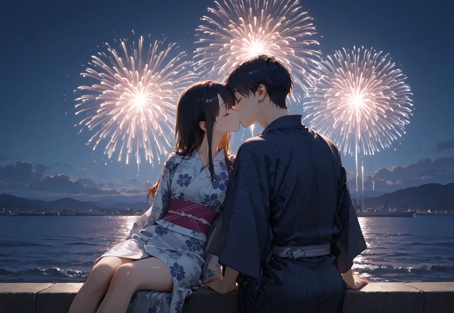 masterpiece, best quality, hyper-realistic, ultra-HD, luminous lighting, cinematic ambiance, shimmering gradients, ethereal glow, deep contrast, rich color tones, seductive atmosphere, captivating sensuality, Cinematic Lighting, raytracing, volumetric lighting, ambient occlusion, very awa, absurdres, amazing quality, ultra-detailed,8K,illustration,CG,
BREAK
shiny hair, clear skin, ultra-detailed-eyes, simple background, cute girl, eyelashes, slender, long hair, (mature female), slim body, long lushes, long legs, flat stomach, sagawastyle,
BREAK
w_h,mountain,blue sky,cloud,warehouse,outer wall,bollard,blue sky,cloud,ocean,ships, sitting, dark, late night,
BREAK
fireworks kiss, kiss, hetero, outdoors, japanese clothes, kimono, sash, night, floral print, couple, kiss, night sky, yukata, fireworks, aerial fireworks, closed eyes,