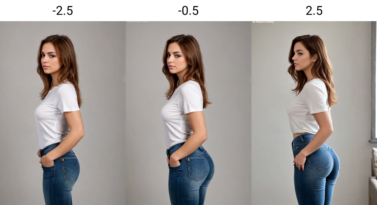 <lora:Bubble Butt_alpha1.0_rank4_noxattn_last:-2.5>, butt, woman, ((standing)), (jeans), ((looking at viewer)), brown medium hair, bubble butt, beautiful face, (((side view))),