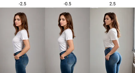 <lora:Bubble Butt_alpha1.0_rank4_noxattn_last:-2.5>, butt, woman, ((standing)), (jeans), ((looking at viewer)), brown medium hair, bubble butt, beautiful face, (((side view))),