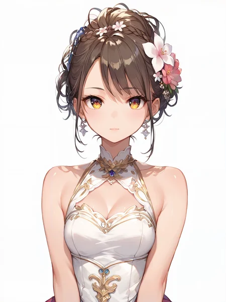 score_9, score_8_up, score_7_up,source_anime, high res image,masterpiece,best quality,girl,cute face,clear skin,shiny hair,ultra detailed eyes,simple background, <lora:morigami_pony_V1.0:1.2> morigami,hair flower