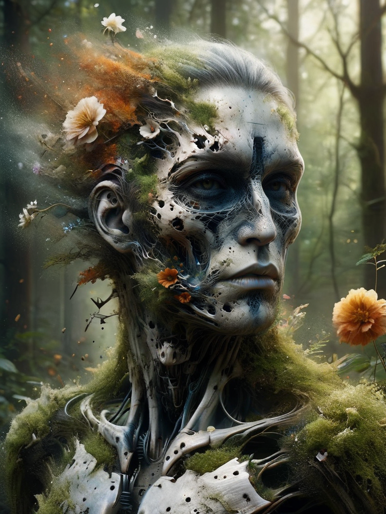 film filter, Hyper-realistic, halfbody shot of a android, lost in forest, scifi , old prosthetics ,  covered in lush, wild flowers and nature, cracked face, illuminated, rusted old metal, realistic, elegance,  sophisticated, moss, (photorealistic:1.5), iron face rust, detailed, realistic, hyper realistic, highly detailed, depth of field, 32k, aura of power,  renaissance painting,  slice of life,  fine art painting, lush, classical realism, poster, Figurative, oil, unilalianism, Historical mystery <lora:ral-dissolve:1> ral-dissolve
