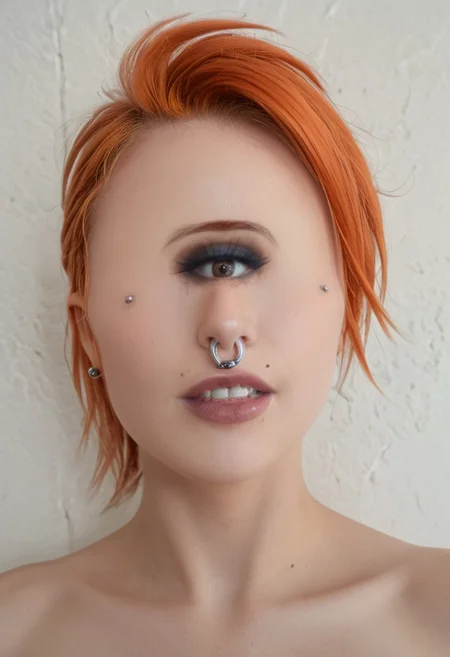 closeup of face of 1girl, Punk, mohawk, pale skin, dark eyes, orange hair, heavy eyemakeup, angry, furious, perfect teeth, nose piecing, tiny very small nose, septum
side view, from an angle, she is looking into the camera,
cinematic, (masterpiece), (best quality), (ultra-detailed), very aesthetic, illustration, perfect composition, intricate details, absurdres, (realistic, ultrarealistic, masterpiece, intricate:1.3), (best quality, hires textures, high detail:1.2), (4k), (incredibly detailed:1.4), (masterpiece, best quality:1.2), cyclopsgirl, thinmonobrow, masterpiece,best quality,