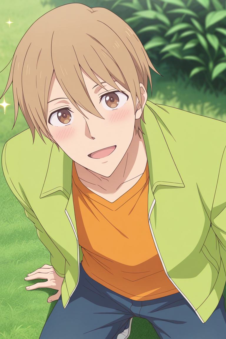 masterpiece, best quality, amazing quality,high resolution, intricate details,official style,depth of field,anime screencap, anime coloring, , , 1boy, solo, male focus,<lora:Yagi_Tomoya:0.72>,yagi tomoya,light brown hair,brown eyes,short hair,looking at viewer, smile,orange shirt,sparkle,green jacket,blush,outdoors,from above,look up,open mouth,open clothes, pants,kneeling,parody, grass, plant,