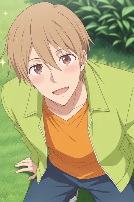 masterpiece, best quality, amazing quality,high resolution, intricate details,official style,depth of field,anime screencap, anime coloring, , , 1boy, solo, male focus,<lora:Yagi_Tomoya:0.72>,yagi tomoya,light brown hair,brown eyes,short hair,looking at viewer, smile,orange shirt,sparkle,green jacket,blush,outdoors,from above,look up,open mouth,open clothes, pants,kneeling,parody, grass, plant,