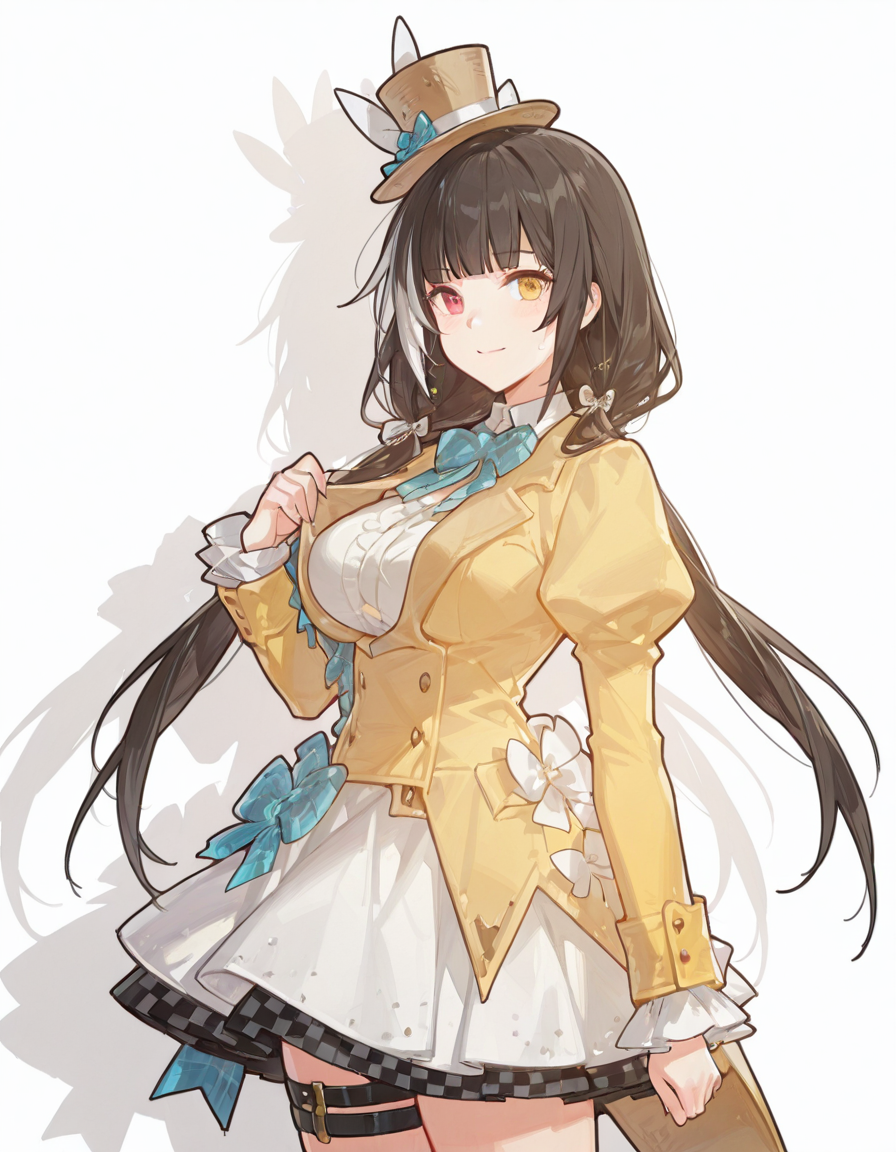 Volumetric Lighting, (masterpiece), (best quality), (ultra-detailed), masterpiece, source_anime, score_9, score_8_up, score_7_up BREAK, illustration, disheveled hair, detailed eyes, perfect composition, moist skin, intricate details, detailed eyes, detailed face, BREAK, ro635, heterochromia, red eye, yellow eye, black hair, low twintails, streaked hair, white hair, large breast BREAK, DefenderInTheRye, DIR_hair_ribbon, DIR_skirt, DIR_dress_bow, DIR_shirt, DIR_bowtie, DIR_thigh_straps, DIR_jacket, DIR_mini_hat BREAK, ((white background)), looking at viewer, standing, shadow, smile