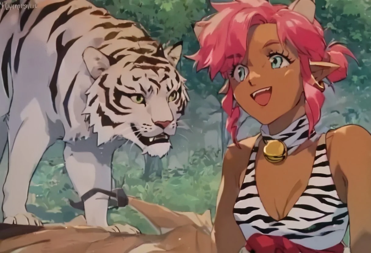 score_9, score_8_up, score_7_up, score_6_up, Masterpiece, source_anime screenshot, duo, 1 girl, 1 boy, vivid colors, retro anime style, high-res, beautiful aesthetic, very intricate, high-quality details, vibrant, highly detailed, award-winning, professional, <lora:pink-ponyxl-v2:1>, open mouth smile, single fang showing, white tiger tail, sleeveless dress, white tiger print dress, pelvic curtain, cleavage, cat ears, cat bell necklace, bright pink hair, tanned, white tiger tail, red sash, small breasts, leather shoes, curved tail, detailed eyes, green eyes, detailed face, cat bell necklace, BREAK score_9, score_8_up, score_7_up, score_6_up, Masterpiece, source_anime, 1 girl, 1 boy, vivid colors, anime style, high-res, beautiful aesthetic, very intricate, high-quality details, vibrant, highly detailed, award-winning, professional, <lora:link:0.8> link1, link, soft smile, pointy ears, blonde hair, blue eyes, medium hair, side locks, earrings, short ponytail, blue hylian tunic
Break
Under a thick forest canopy, blue Slimes Attacking pink and link