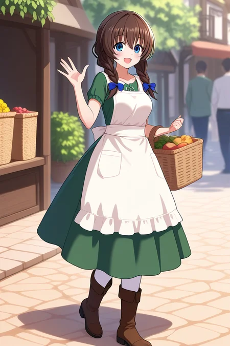 1girl, standing, waving, holding basket, village street, outdoor market, smiling, cheerful expression, fluttering hair, sunlight, casual interaction
,<lora:HolyKnight_Ricca_Illustrious:1.0>,holy_ricca,braid,twin braid,long hair,breasts,blue eyes, brown hair,,casual_ricca,dress,thighhighs,boots,white_apron,green dress,bow,brown footwear,basket, masterpiece, best quality, amazing quality, newest