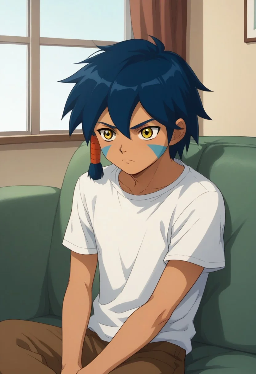 score_9, score_8_up, score_7_up, source_anime, highly detailed,
keenan, 1boy, solo, yellow eyes, blue hair, hair tube, facial mark, male focus, dark skin, facepaint, t-shirt, pants, frown
indoor, couch, window, sit,