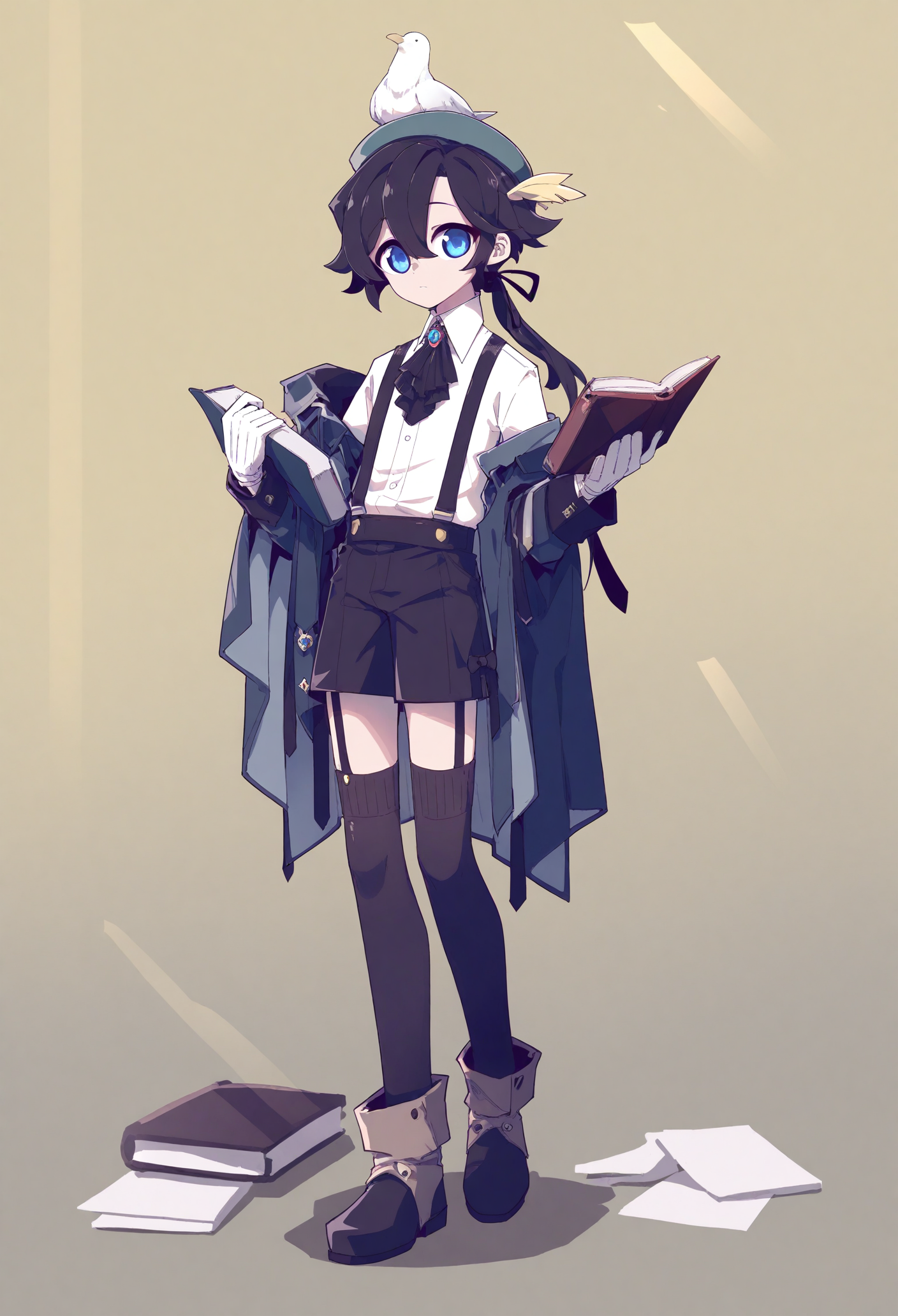 1boy, male focus, 
solo, shorts, shirt, black shorts, white shirt, yellow background, blue eyes, book, bird, animal on head, full body, holding, on head, simple background, hat, boots, gloves, black footwear, bird on head, black hair, thighhighs, low ponytail, garter straps, suspenders, white gloves, holding book, collared shirt, black bowtie, brooch, suspender shorts, jacket, black thighhighs, long hair, standing, off shoulder, black bow, black jacket, long sleeves, looking at viewer, hair between eyes, closed mouth, jewelry, fold-over boots, bow, ribbon, ponytail, ascot, coat,
.
masterpiece, best quality, very aesthetic, absurdres
 <lora:ä»æ²¢forNoob:0.95>