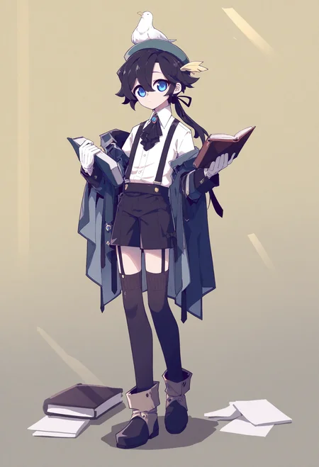 1boy, male focus,
solo, shorts, shirt, black shorts, white shirt, yellow background, blue eyes, book, bird, animal on head, full body, holding, on head, simple background, hat, boots, gloves, black footwear, bird on head, black hair, thighhighs, low ponytail, garter straps, suspenders, white gloves, holding book, collared shirt, black bowtie, brooch, suspender shorts, jacket, black thighhighs, long hair, standing, off shoulder, black bow, black jacket, long sleeves, looking at viewer, hair between eyes, closed mouth, jewelry, fold-over boots, bow, ribbon, ponytail, ascot, coat,
.
masterpiece, best quality, very aesthetic, absurdres
<lora:仿²¢forNoob:0.95>