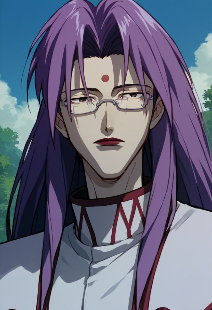 Rusty Nail MV, solo, long hair, 1boy, upper body, purple hair, male focus, solo focus, glasses, facial mark,  lipstick, forehead mark , outdoors,  1990s (style), source_anime, 2d, flat color, anime coloring BREAK ,score_9, score_8_up, score_7_up, score_6_up, score_5_up, score_4_up,