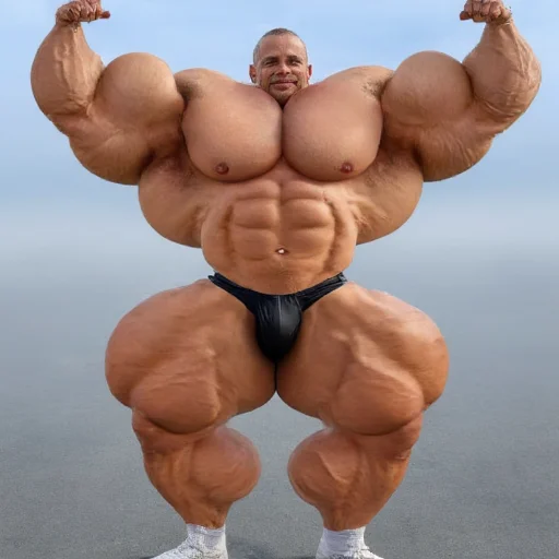 showcasing an extremely muscular, hyper-realistic male figure with an exaggerated physique. The man's body is extremely muscular, with an emphasis on his chest, arms, and legs, featuring a surreal level of hypertrophy. His skin is a light,