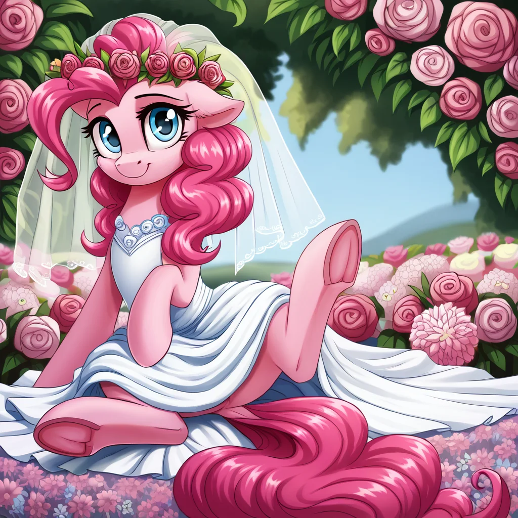 score_9, score_8_up, score_7_up, score_6_up, score_5_up, score_4_up, rating_safe, pinkie pie, earth pony, female, mare, pony, solo, beautiful, bouquet, bride, clothes, colored, cute, dress, floppy ears, flower, flower in hair, high res, looking at you, sitting, spread legs, spreading, wedding dress, floral head wreath, diapinkes, underhoof, looking sideways, frog \(hoof\), smiling, hoof hold, g4, detailed, beautiful, detailed background, <lora:Wholesome-MLP-v1.3b:1>