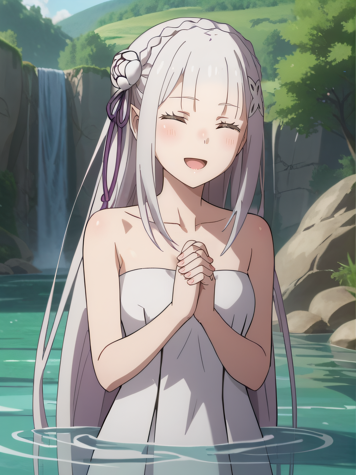 score_9, score_8_up, score_7_up, source_anime, rating_safe, intricate details, anime screencap, official style, anime coloring, 1girl, solo, <lora:3rdSEmilia:1>, altemilia, emilia (re:zero), simple dress, sleeveless, strapless, collarbone, blush, outdoor, looking at viewer, river, closed eyes, smile, open mouth, partially submerged, own hands together, praying, cowboy shot, interlocked fingers, five fingers